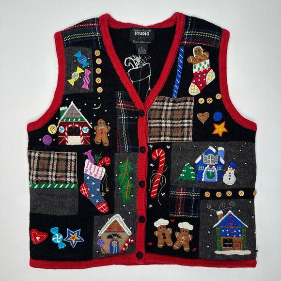 Vintage Y2K Ugly Christmas Vest with Patchwork Embroidered Appliqués. - Picture 1 of 6